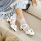 Women Closed Toe Lolita Lace Butterfly Knot Round Toe Block Heel Sandals