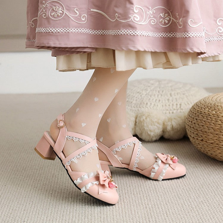 Women Closed Toe Lolita Lace Butterfly Knot Round Toe Block Heel Sandals