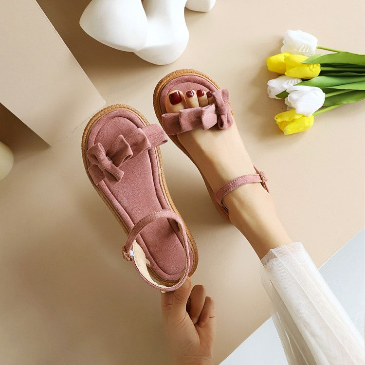 Women Suede Butterfly Knot Round Toe Ankle Strap Flat Sandals