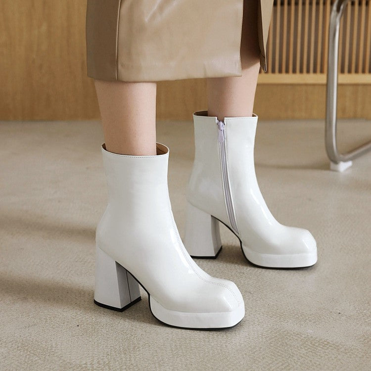 Women Glossy Square Toe Block Chunky Heel Back Zippers Platform Short Boots