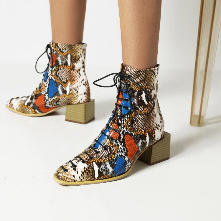 Women Colorful Printed Lace Up Block Heel Short Boots