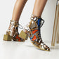 Women Colorful Printed Lace Up Block Heel Short Boots