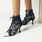Women Tie Dye Pointed Toe Patchwork Lace Up Stiletto Heel Short Boots