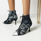 Women Tie Dye Pointed Toe Patchwork Lace Up Stiletto Heel Short Boots