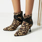 Women Leopard Print Pu Leather Pointed Toe Stiletto Heel Short Boots