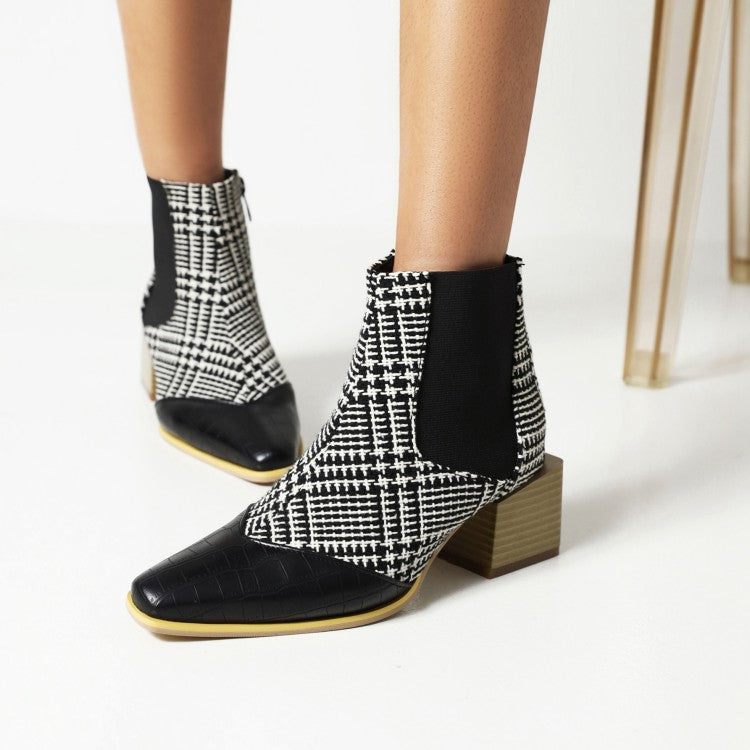 Women Animal Pattern Patchwork Pointed Toe Block Heel Short Boots