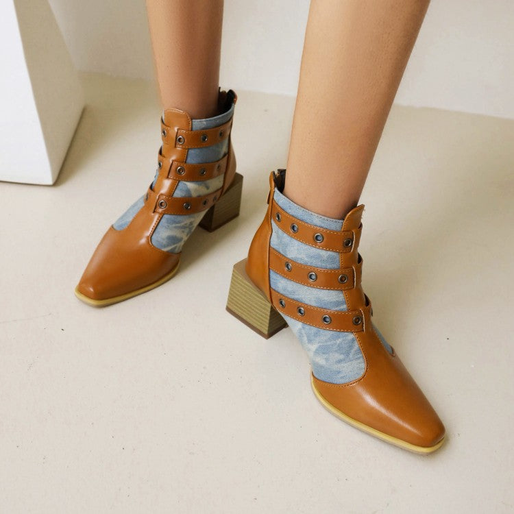 Women Bicolor Pu Leather Pointed Toe Buckles Block Heel Short Boots