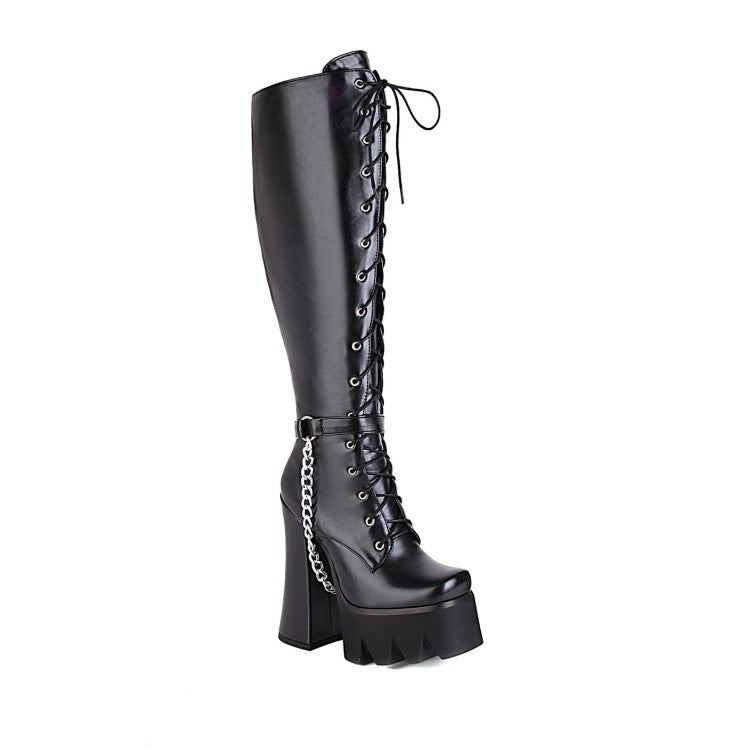 Women Pu Leather Lace Up Belts Metal Chains Chunky Heel Platform Knee High Boots