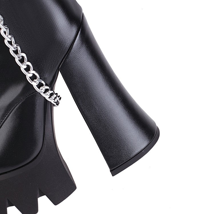 Women Pu Leather Lace Up Belts Metal Chains Chunky Heel Platform Knee High Boots