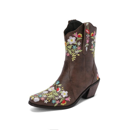 Women Embroidery Floral Printing High Heel Mid Calf Boots