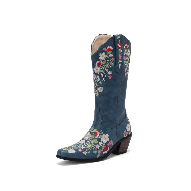 Women Embroidery Floral Printing High Heel Mid Calf Boots