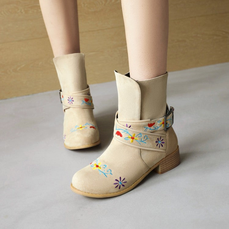 Women Embroidery Printing Low Heel Mid Calf Boots