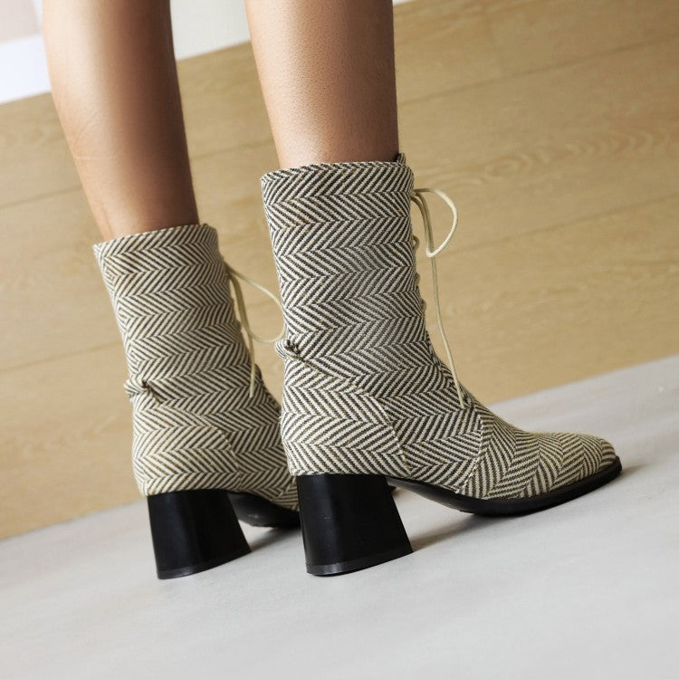 Women Pu Leather Pointed Toe Lace Up Chunky Heel Short Boots