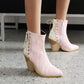 Women Pointed Toe Patchwork Back Lace Up Block Heel Short Boots
