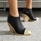 Women Rivets Pointed Toe Side Zippers Block Chunky Short Boots