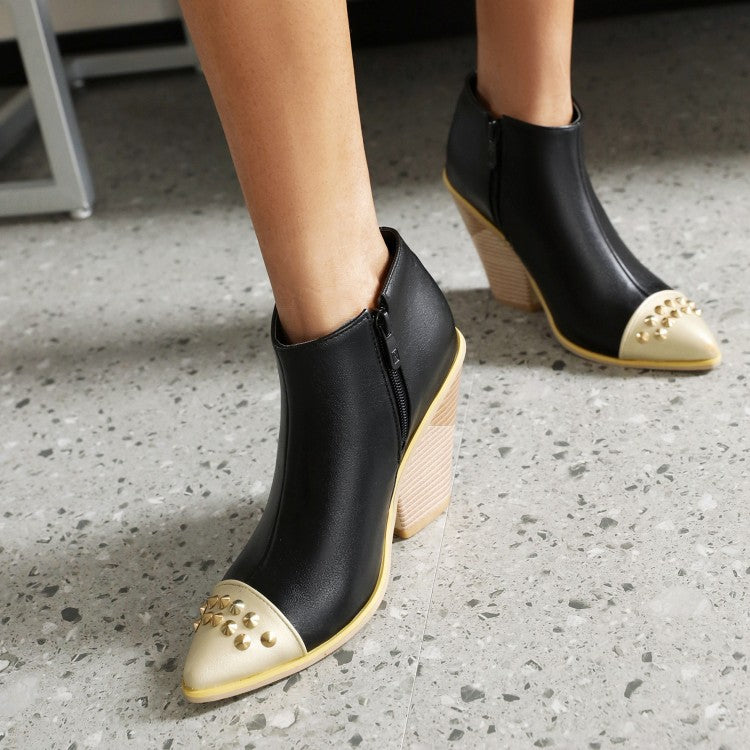 Women Rivets Pointed Toe Side Zippers Block Chunky Short Boots