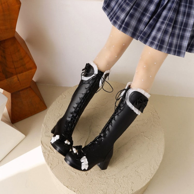 Lace Bows Block Heel Platform Knee-High Boots for Women