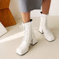 Women Pu Leather Square Toe Lace Up Block Heel Platform Short Boots