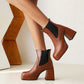 Women Pu Leather Square Toe Patchwork Block Heel Platform Short Boots