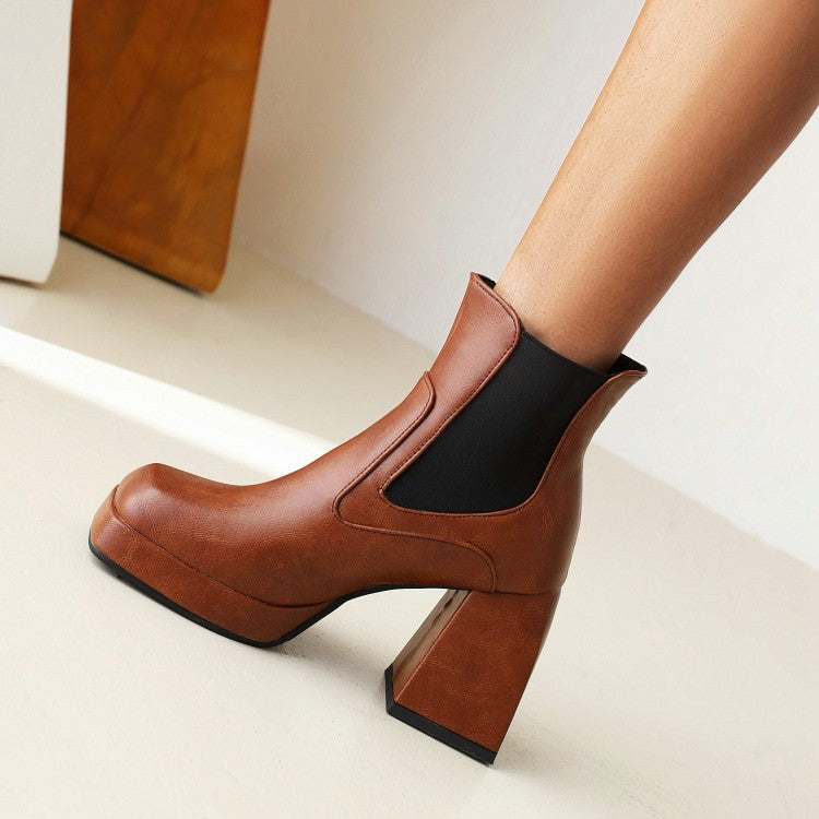 Women Pu Leather Square Toe Patchwork Block Heel Platform Short Boots