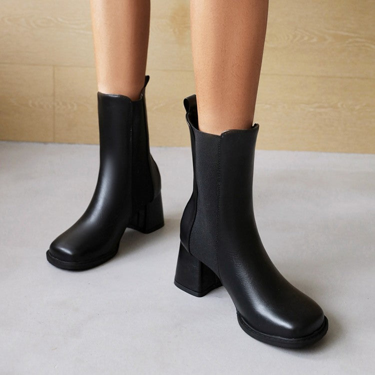 Women Pu Leather Square Toe Bicolor Block Heel Short Boots