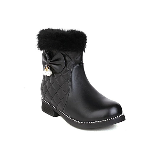Lattice Pu Leather Furry Pearls Bow Tie Short Boots for Women