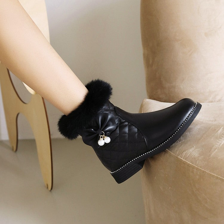Lattice Pu Leather Furry Pearls Bow Tie Short Boots for Women
