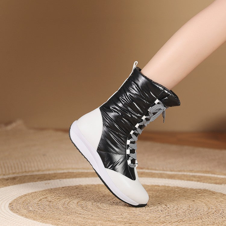 Women Leather Wedges Heels Winter Down Mid Calf Snow Boots