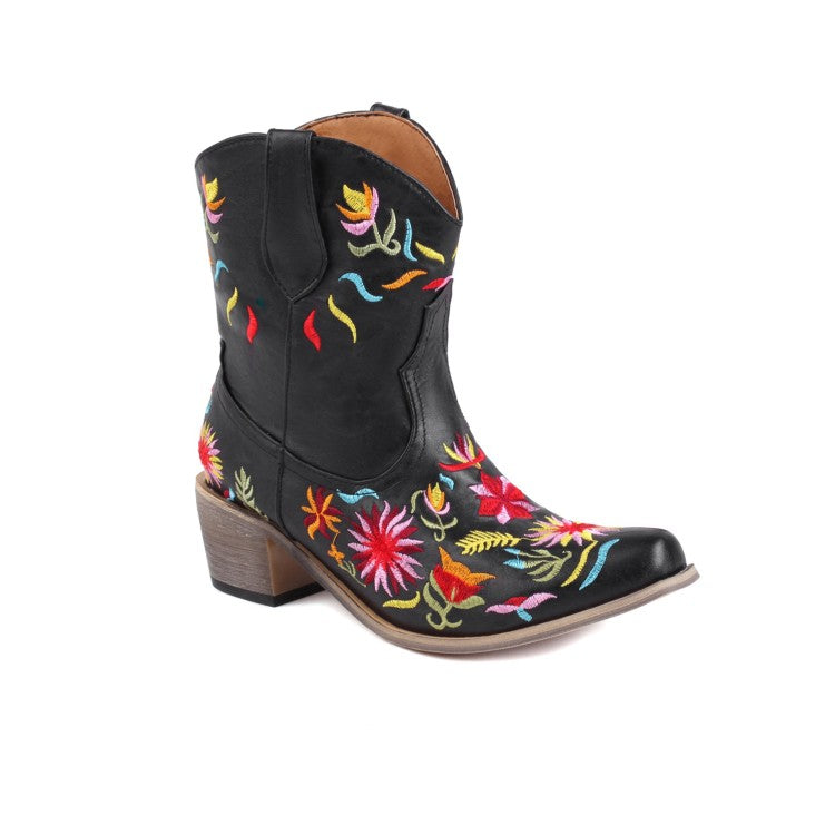 Women Ethnic Embroidery Block Heel Cowboy Short Boots