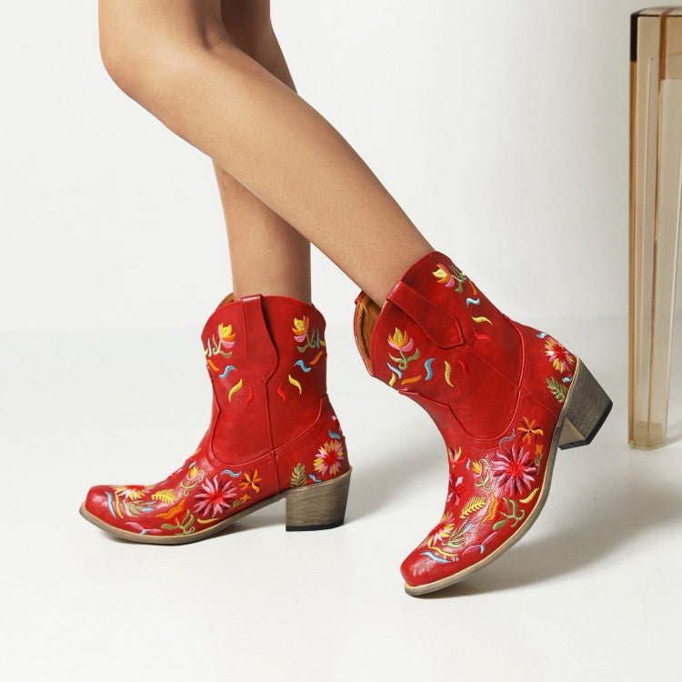 Women Ethnic Embroidery Block Heel Cowboy Short Boots