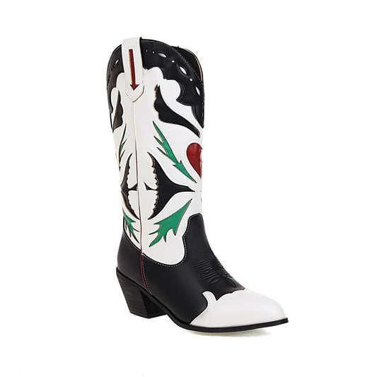 Ladies Patchwork Pointed Toe Block Heel Cowboy Mid Calf Boots