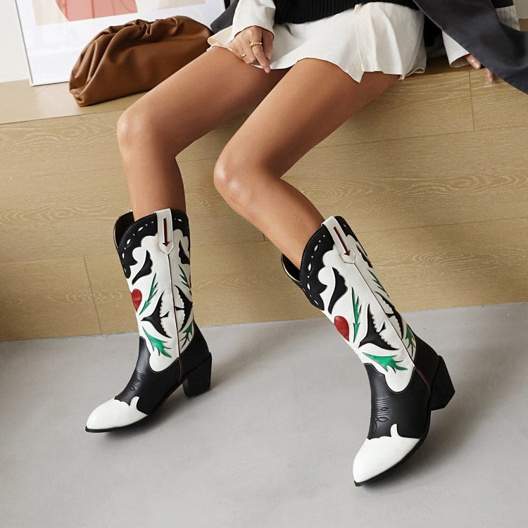Ladies Patchwork Pointed Toe Block Heel Cowboy Mid Calf Boots