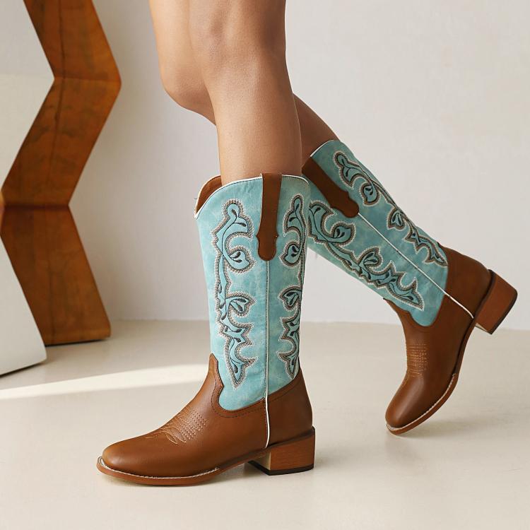 Ladies Ethnic Pu Leather Embroidery Block Heel Mid Calf Boots