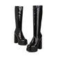 Women Square Toe Side Zippers Chunky Heel Platform Knee High Boots