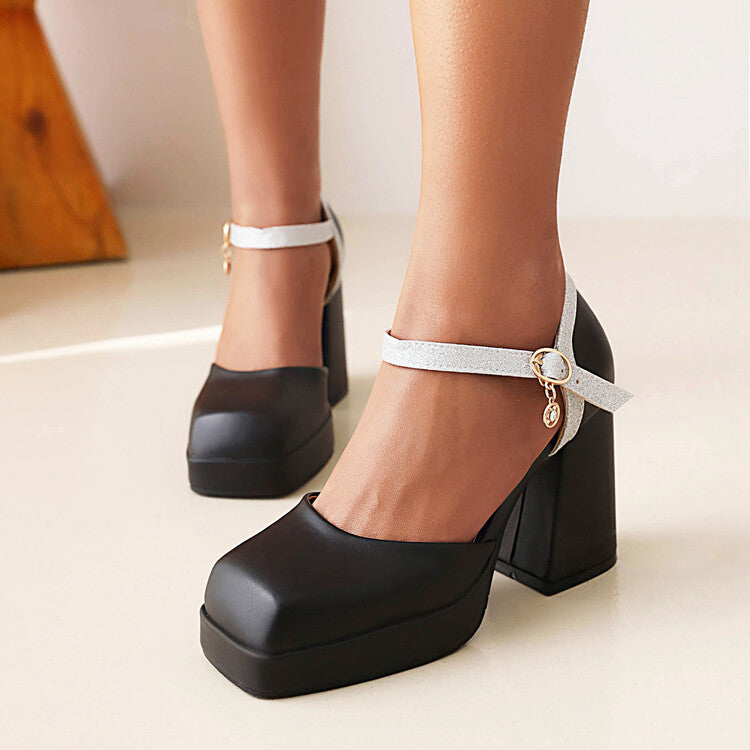 Women Square Toe Ankle Strap Metal Buckle Platform Block Heel Sandals