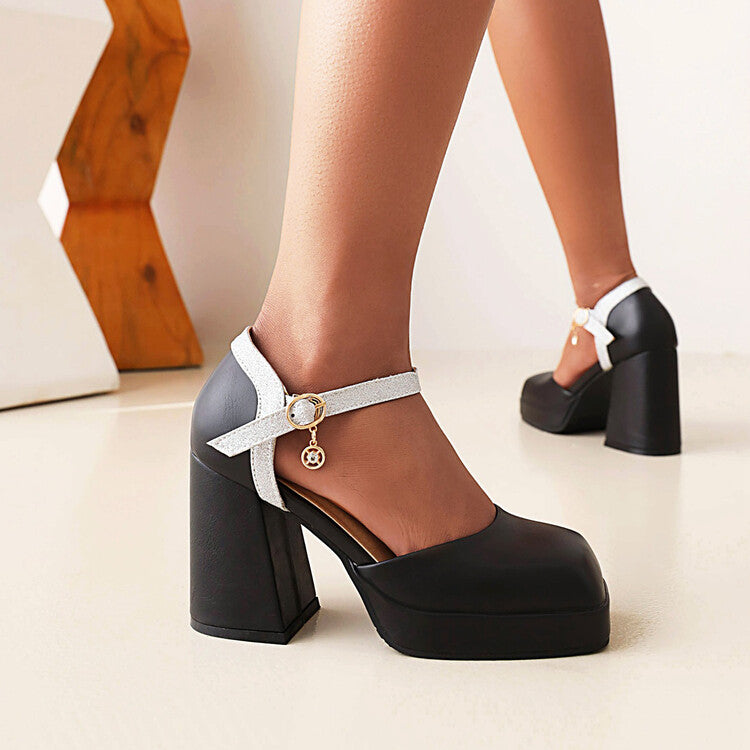 Women Square Toe Ankle Strap Metal Buckle Platform Block Heel Sandals