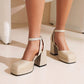 Women Sparkling Square Toe Ankle Strap Metal Buckle Chunky Heel Platform Sandals