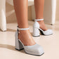Women Sparkling Square Toe Ankle Strap Metal Buckle Block Heel Sandals