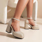 Women Sparkling Square Toe Ankle Strap Metal Buckle Block Heel Sandals