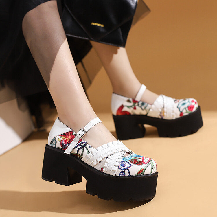 Women Thick Sole Flora Printed Ankle Strap Chunky Heel Platform Pumps