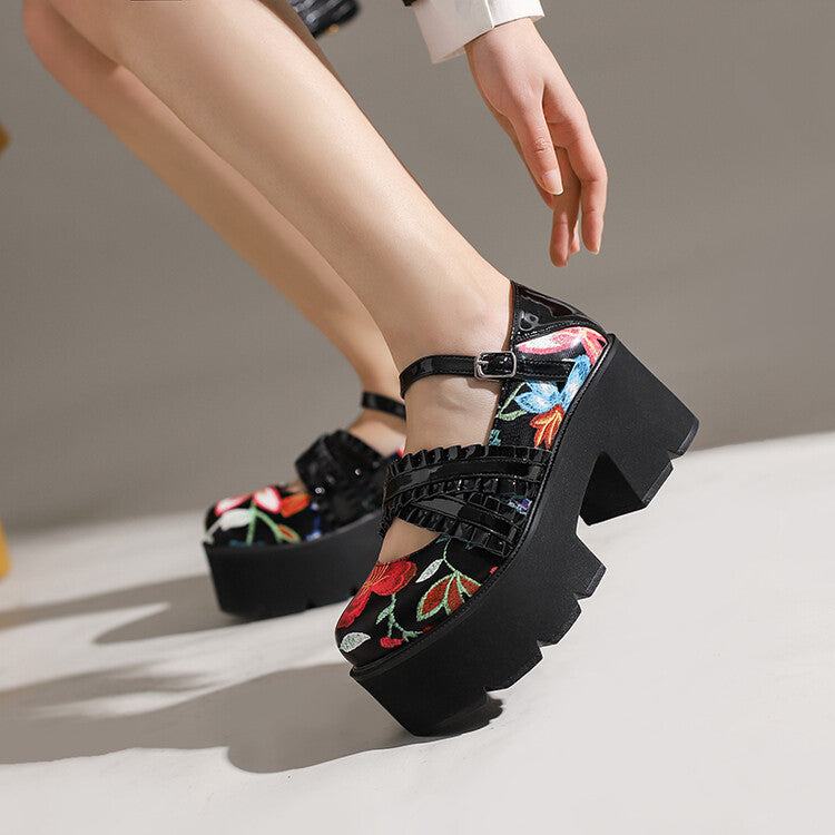 Women Thick Sole Flora Printed Ankle Strap Chunky Heel Platform Pumps