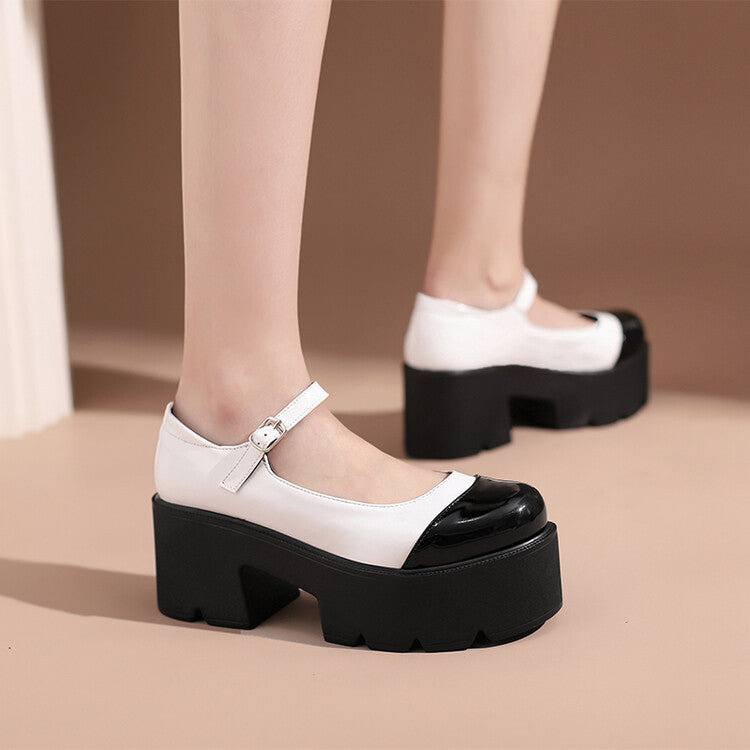 Women Candy Color Round Toe Ankle Strap Chunky Heel Platform Pumps Mary Janes