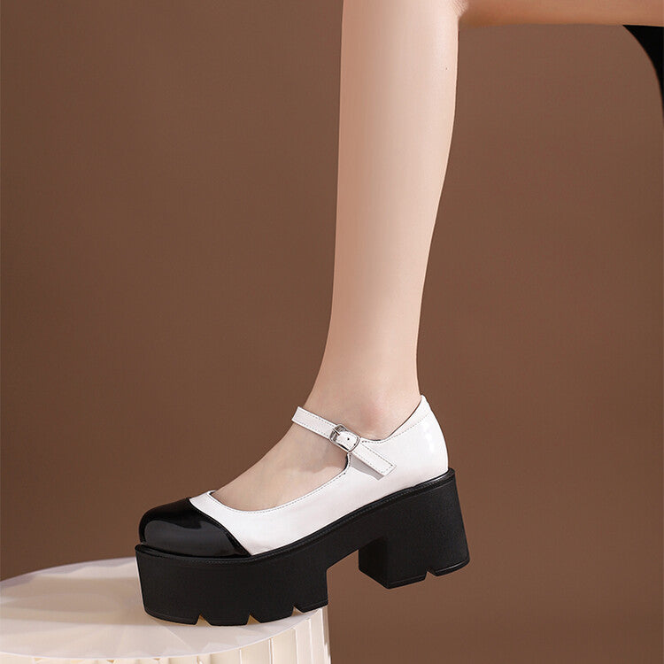 Women Candy Color Round Toe Ankle Strap Chunky Heel Platform Pumps Mary Janes