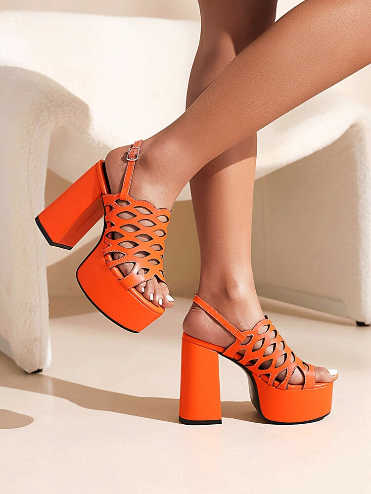 Ladies Snake Printed Hollow Out Thick Sole Block Heel Platform Sandals