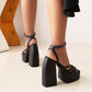 Women Solid Color Hollow Out Ankle Strap Platform Chunky Heel Sandals