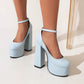 Ladies Pu Leather Round Toe Block Heel Platform Pumps High Heels Shoes