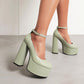 Ladies Pu Leather Round Toe Block Heel Platform Pumps High Heels Shoes