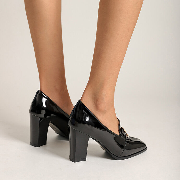 Women Patent Leather Square Toe Block Heels Pumps