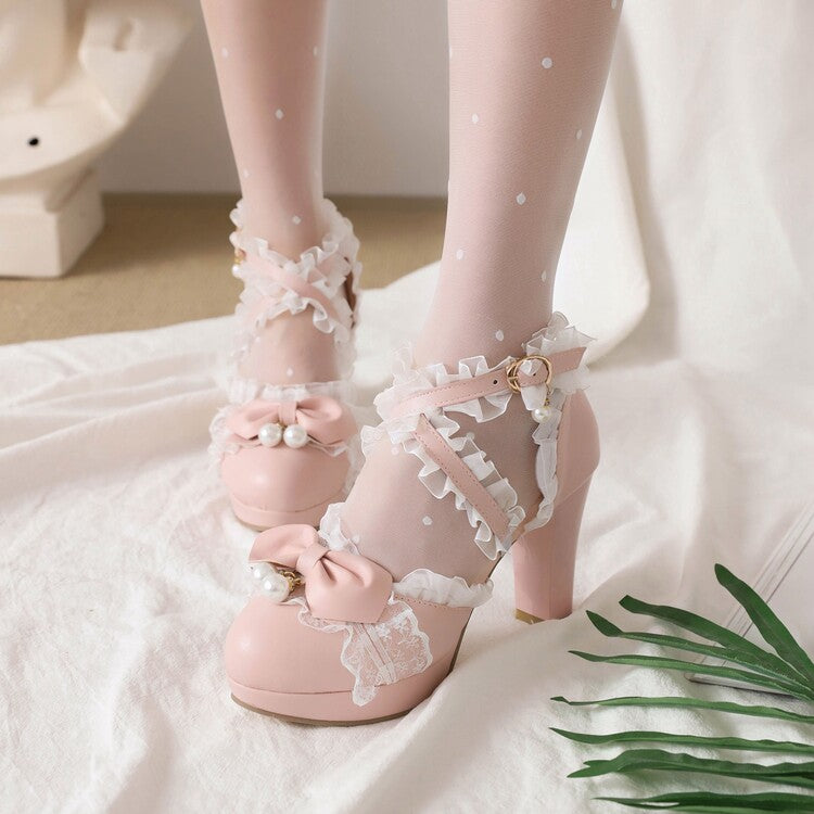 Women Lolita Lace Ankle Strap Pearls Butterfly Knot Chunky Heel Platform Sandals