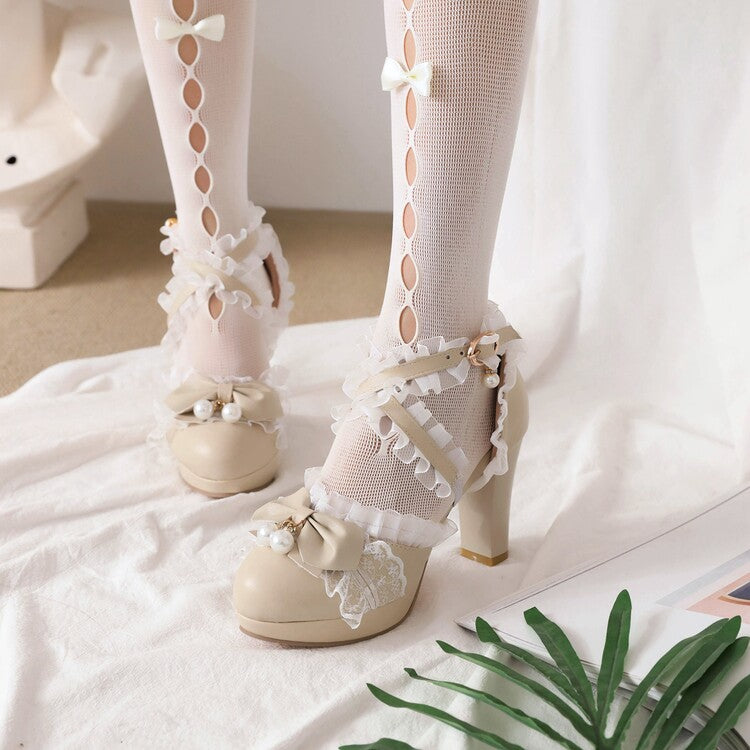 Women Lolita Lace Ankle Strap Pearls Butterfly Knot Chunky Heel Platform Sandals